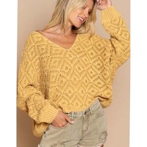 POL Dandelion Chenille Cropped V-Neck Sweater Long Sleeve Oversized Sz‎ Large